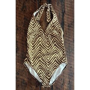 Talbots Brown and Tan halter neck style one piece bathing suit, Size 6